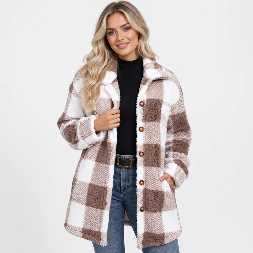 Women's Plaid Teddy Coat - Long Button Fall Winter Style