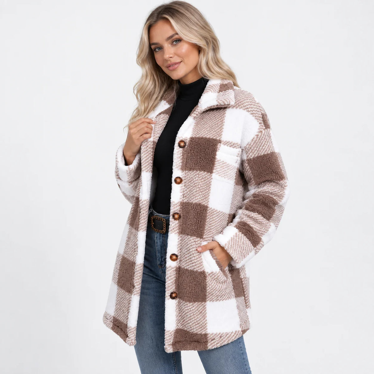 Women's Plaid Teddy Coat - Long Button Fall Winter Style