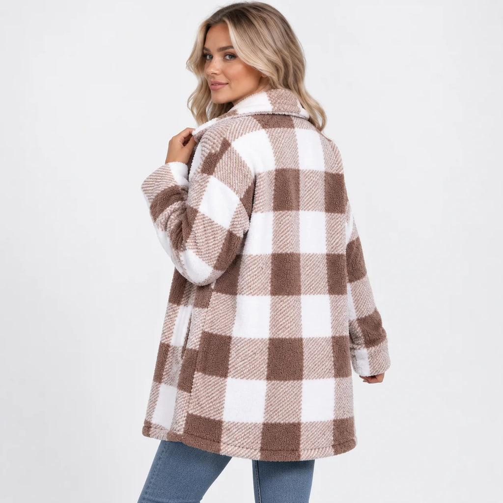 Women's Plaid Teddy Coat - Long Button Fall Winter Style