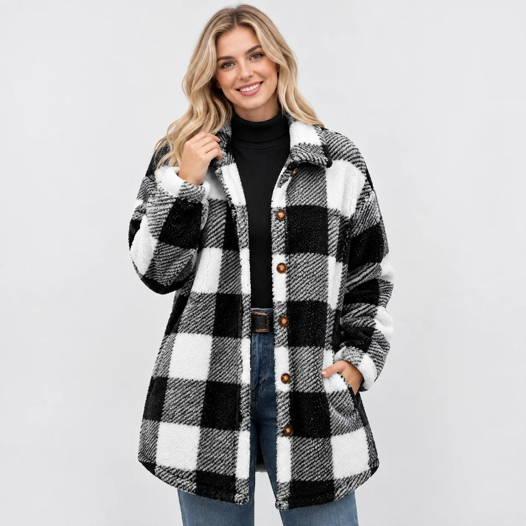 Women's Plaid Teddy Coat - Long Button Fall Winter Style