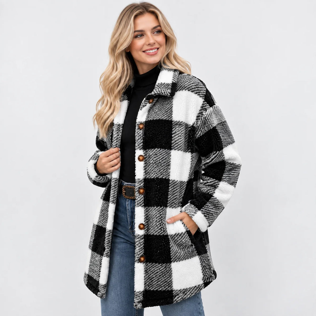 Women's Plaid Teddy Coat - Long Button Fall Winter Style