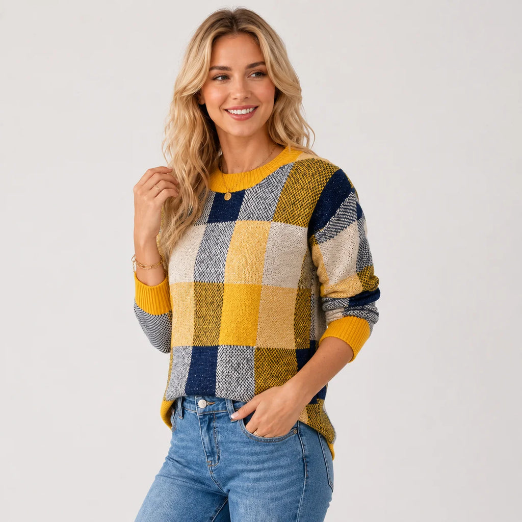 Women's Pullover Sweater - Patchwork Crew Neck Knit