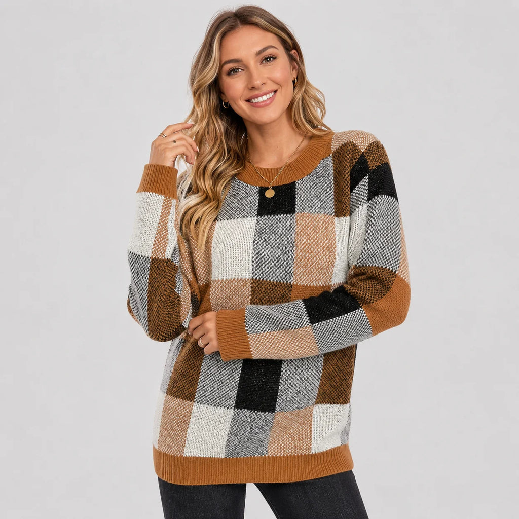 Women's Pullover Sweater - Patchwork Crew Neck Knit