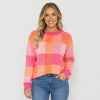 Women's Pullover Sweater - Patchwork Crew Neck Knit