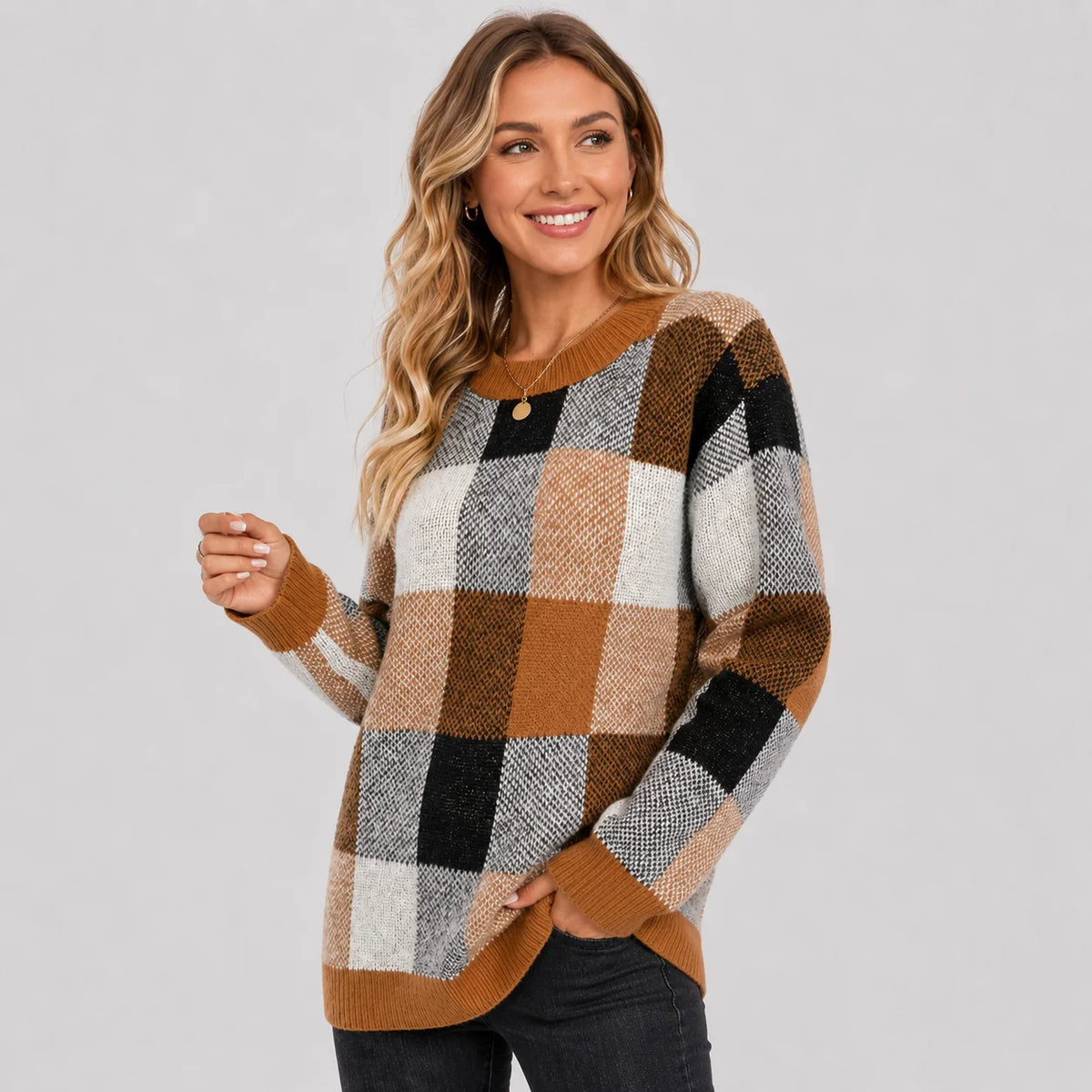 Women's Pullover Sweater - Patchwork Crew Neck Knit