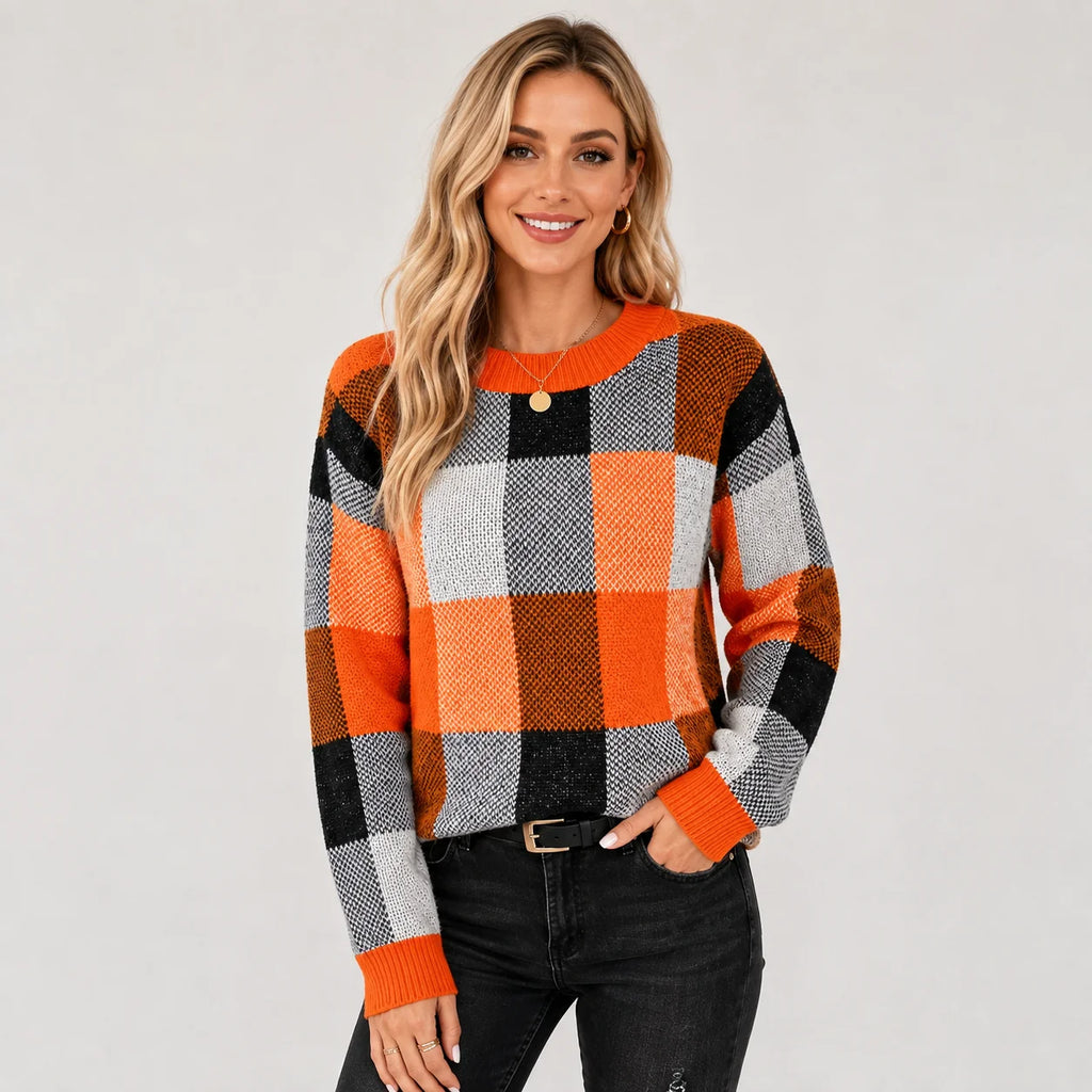 Women's Pullover Sweater - Patchwork Crew Neck Knit