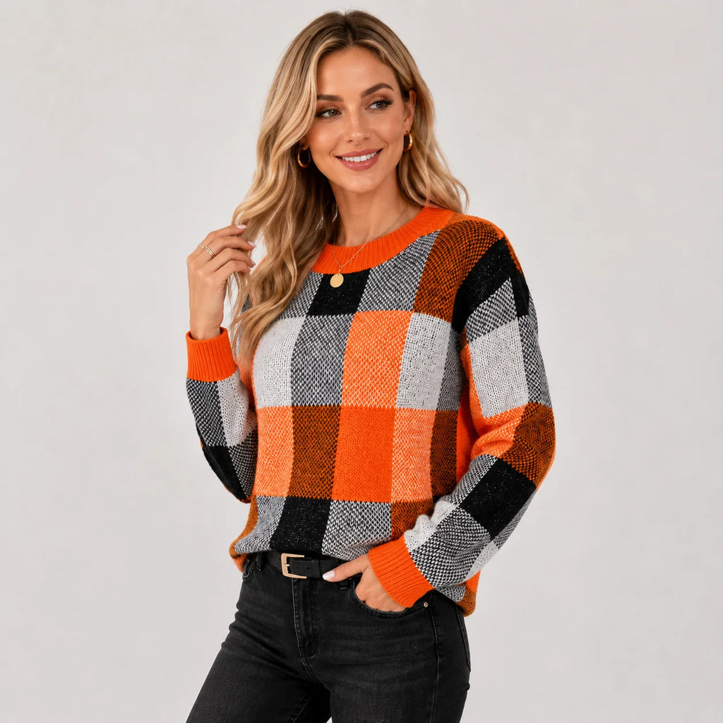 Women's Pullover Sweater - Patchwork Crew Neck Knit
