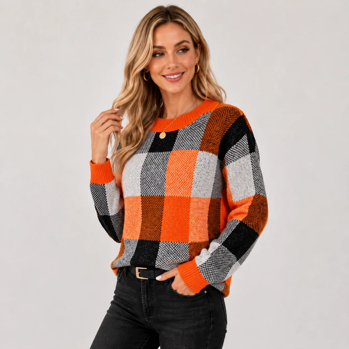 Women's Pullover Sweater - Patchwork Crew Neck Knit