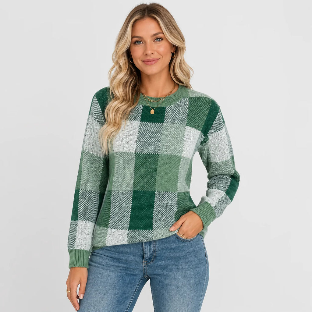 Women's Pullover Sweater - Patchwork Crew Neck Knit