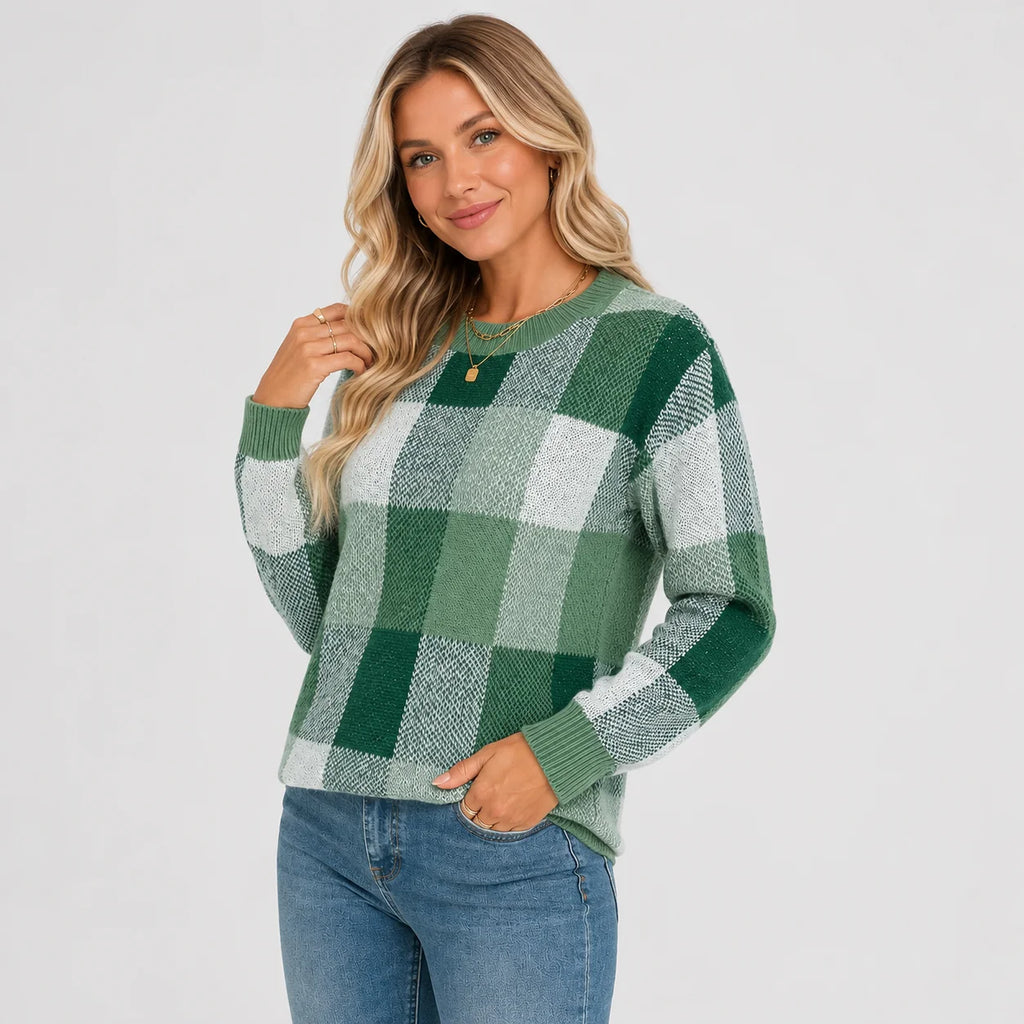 Women's Pullover Sweater - Patchwork Crew Neck Knit