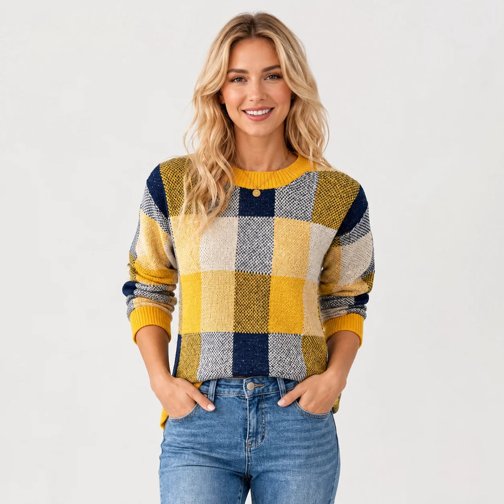 Women's Pullover Sweater - Patchwork Crew Neck Knit