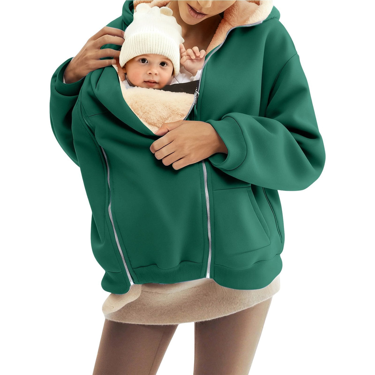 Women nan baby carrier hoodie with teddy lining and two-way zipper Mune Fashion