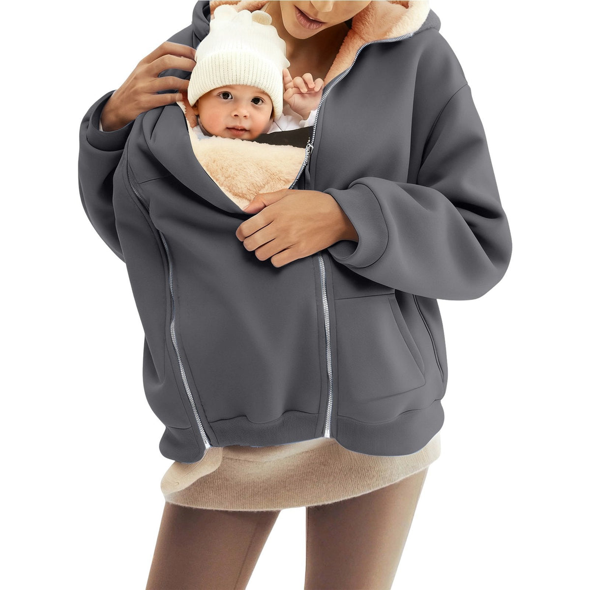 Women nan baby carrier hoodie with teddy lining and two-way zipper Mune Fashion