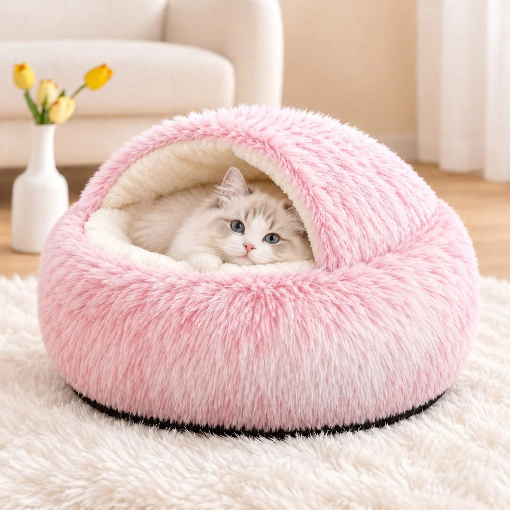 Calming Semi-Enclosed Cat Bed for Cozy Sleep, Soft Warm Cave Bed for Indoor Cats & Small Pets