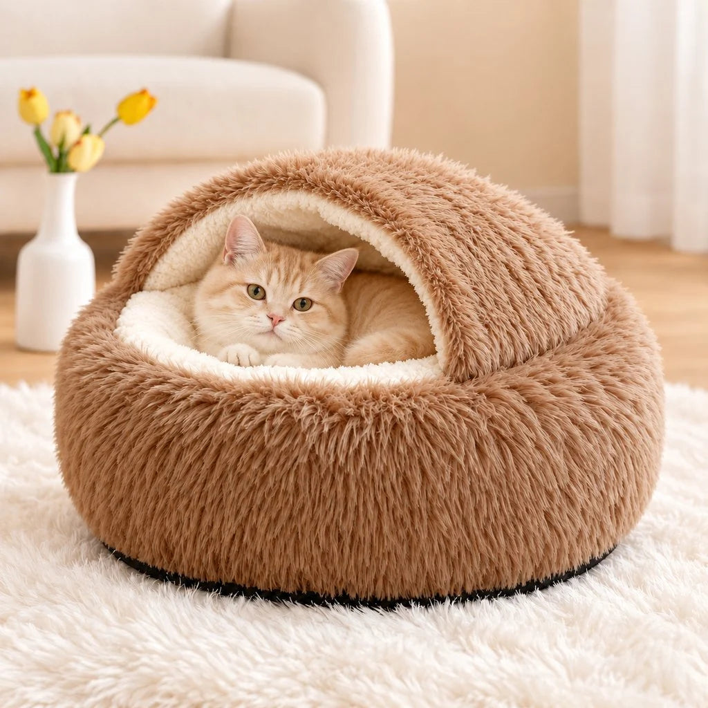 Calming Semi-Enclosed Cat Bed for Cozy Sleep, Soft Warm Cave Bed for Indoor Cats & Small Pets