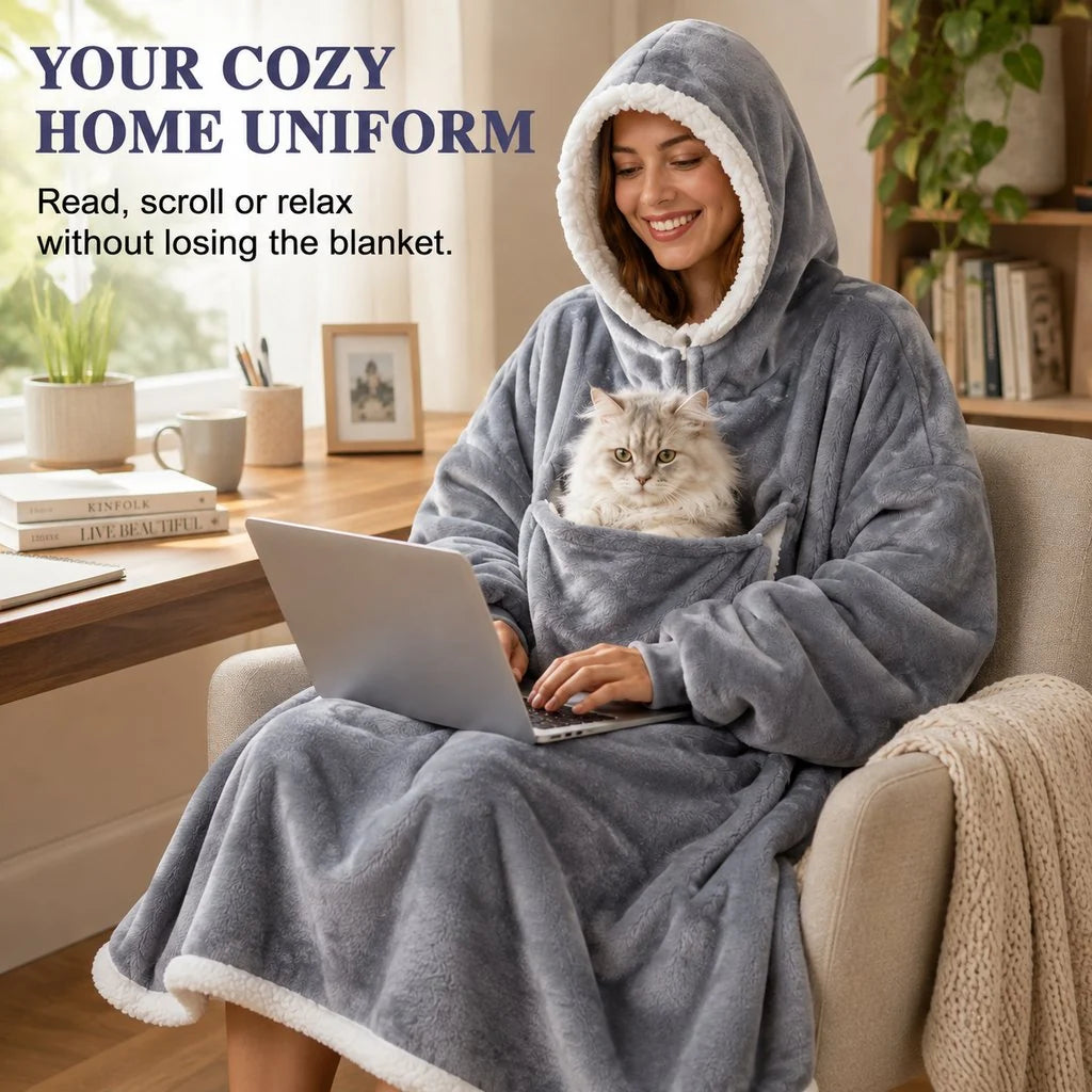Oversized Sherpa Wearable Blanket Hoodie with Pet Pouch for Cats & Small Pets – Extra-Long Cozy Lounger for Couch, TV & Cold Nights
