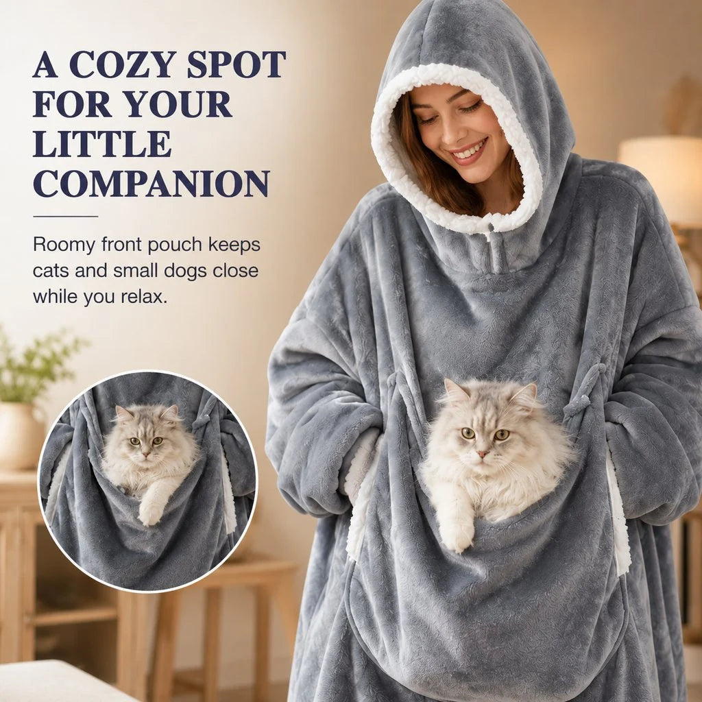Oversized Sherpa Wearable Blanket Hoodie with Pet Pouch for Cats & Small Pets – Extra-Long Cozy Lounger for Couch, TV & Cold Nights