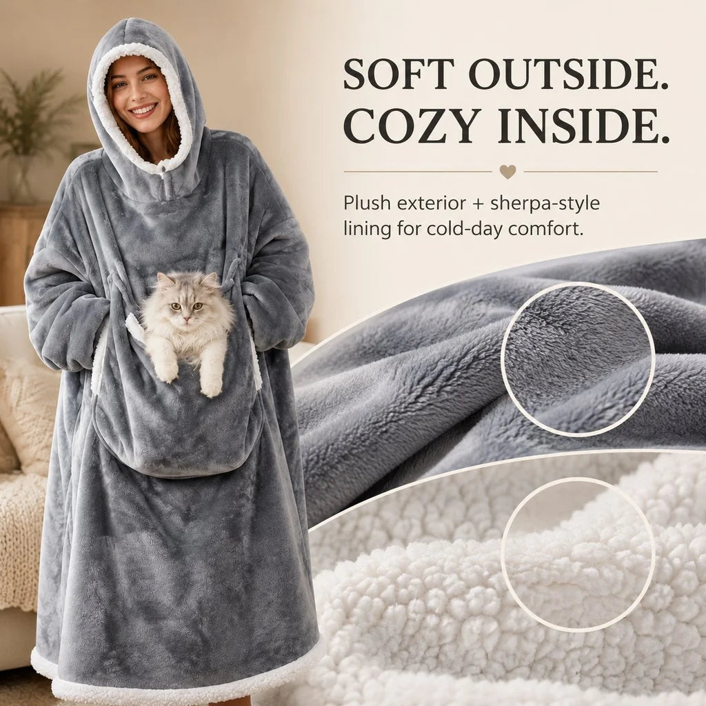 Oversized Sherpa Wearable Blanket Hoodie with Pet Pouch for Cats & Small Pets – Extra-Long Cozy Lounger for Couch, TV & Cold Nights