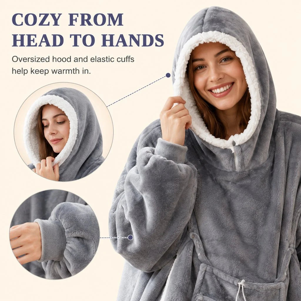 Oversized Sherpa Wearable Blanket Hoodie with Pet Pouch for Cats & Small Pets – Extra-Long Cozy Lounger for Couch, TV & Cold Nights