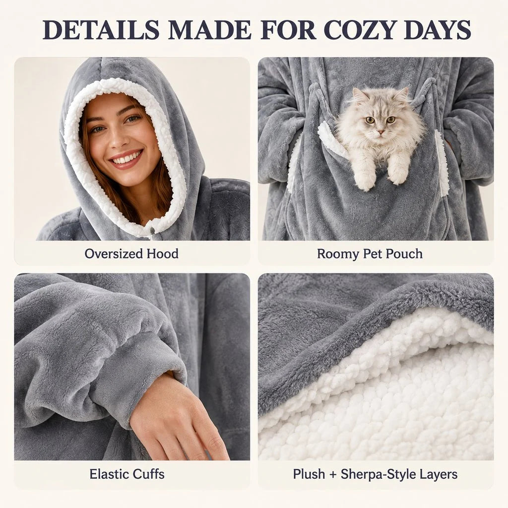 Oversized Sherpa Wearable Blanket Hoodie with Pet Pouch for Cats & Small Pets – Extra-Long Cozy Lounger for Couch, TV & Cold Nights