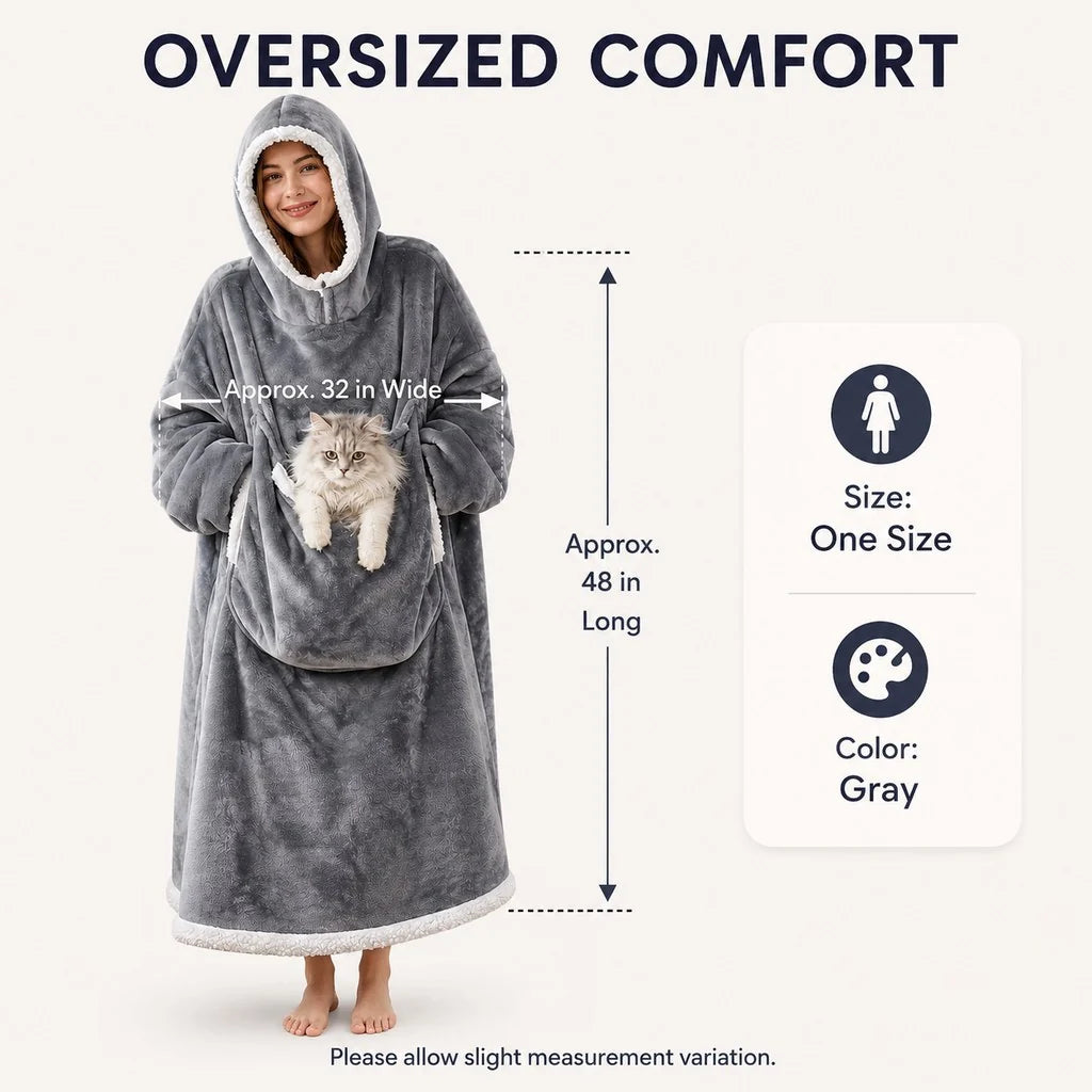 Oversized Sherpa Wearable Blanket Hoodie with Pet Pouch for Cats & Small Pets – Extra-Long Cozy Lounger for Couch, TV & Cold Nights
