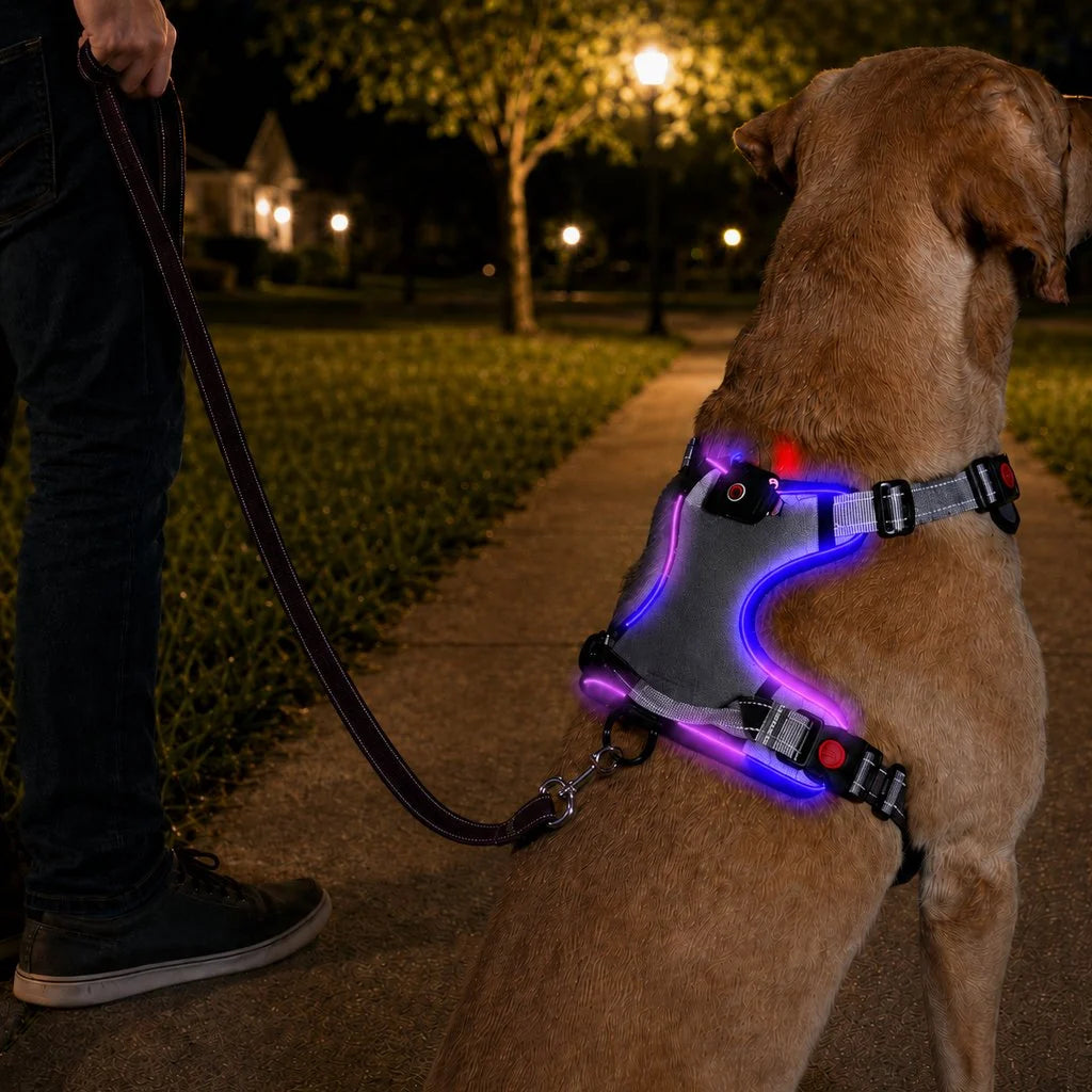 Rechargeable LED Dog Harness for Night Walks - Back-Panel Glow & Reflective Webbing for Better Low-Light Visibility
