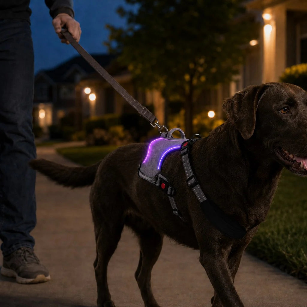 Rechargeable LED Dog Harness for Night Walks - Back-Panel Glow & Reflective Webbing for Better Low-Light Visibility