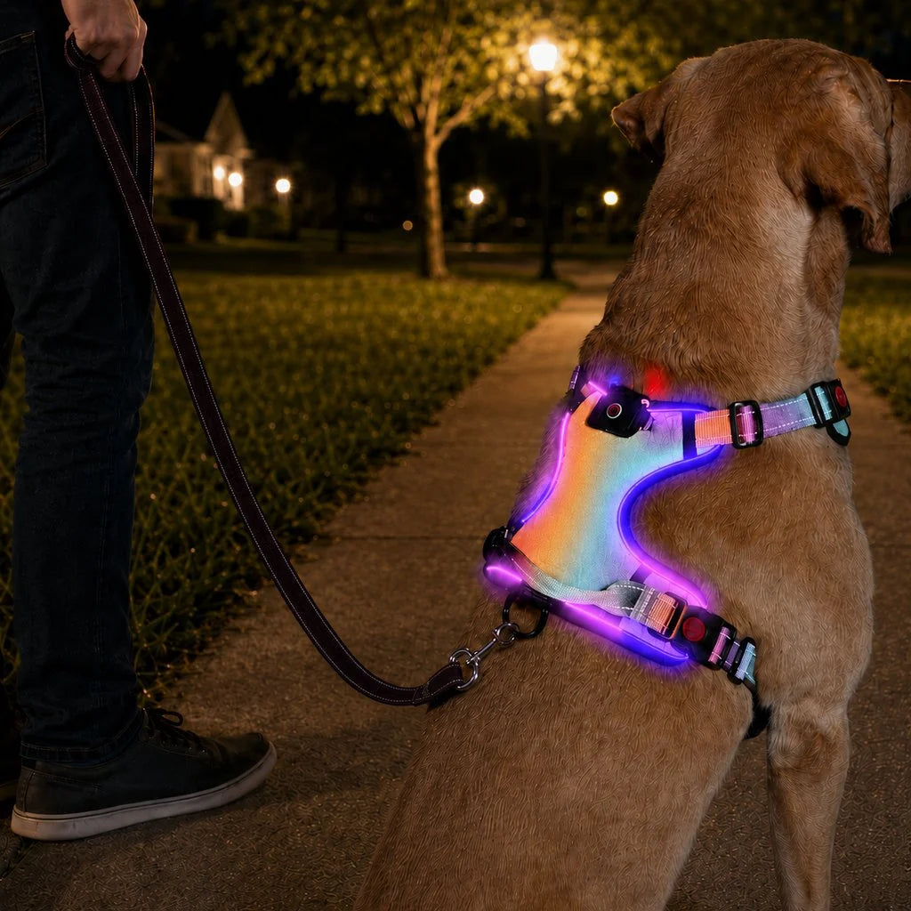 Rechargeable LED Dog Harness for Night Walks - Back-Panel Glow & Reflective Webbing for Better Low-Light Visibility