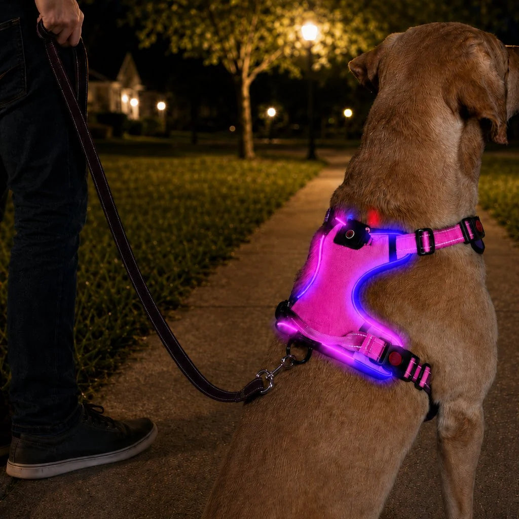 Rechargeable LED Dog Harness for Night Walks - Back-Panel Glow & Reflective Webbing for Better Low-Light Visibility