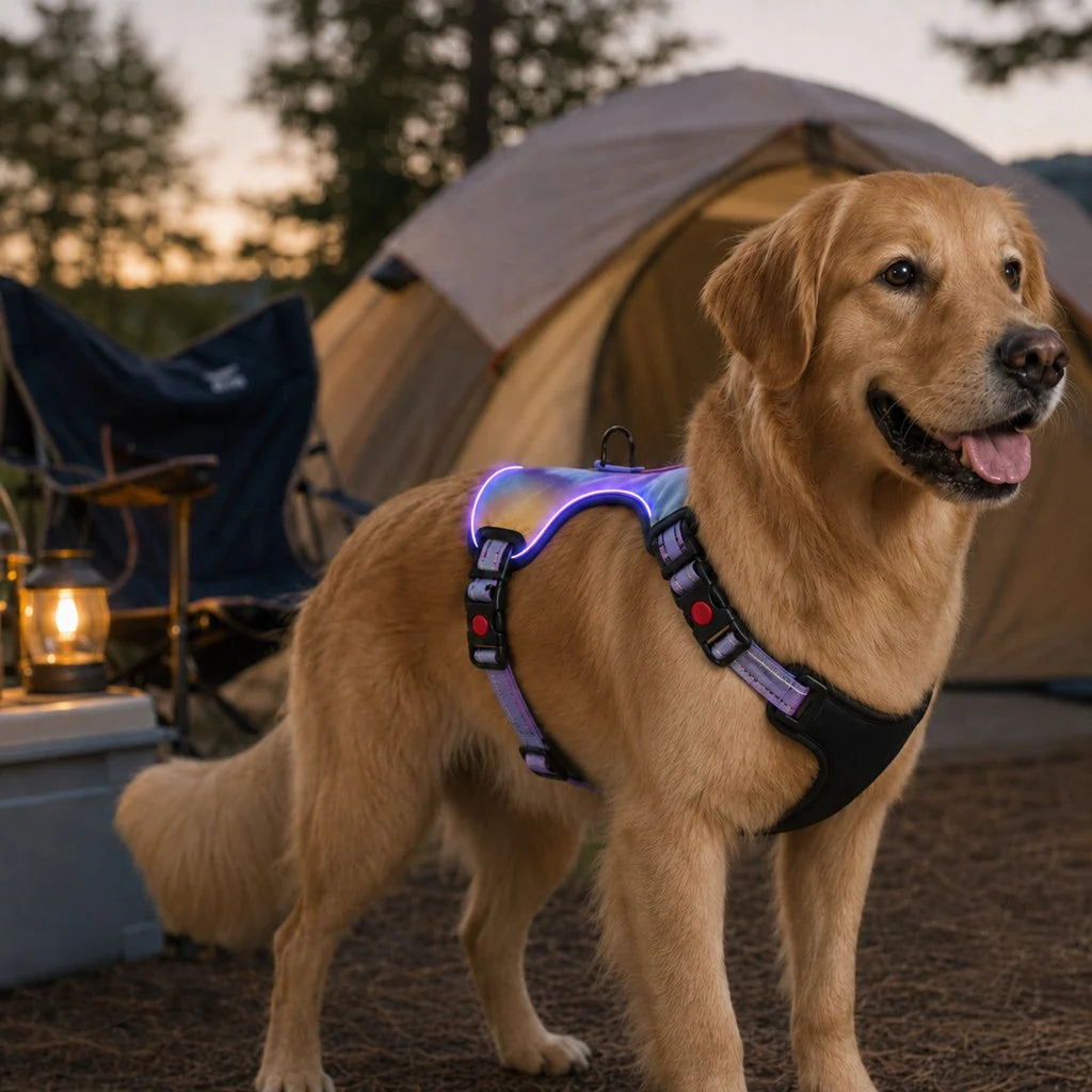 Rechargeable LED Dog Harness for Night Walks - Back-Panel Glow & Reflective Webbing for Better Low-Light Visibility