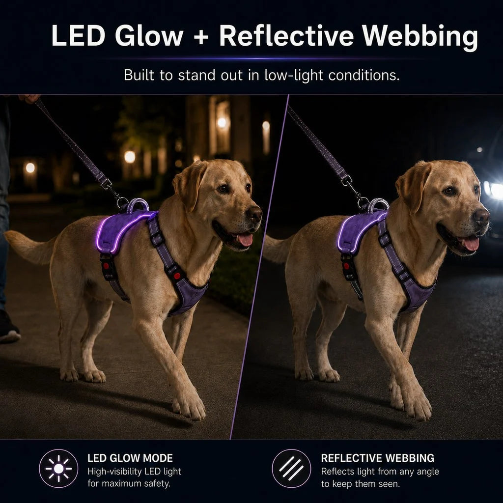 Rechargeable LED Dog Harness for Night Walks - Back-Panel Glow & Reflective Webbing for Better Low-Light Visibility