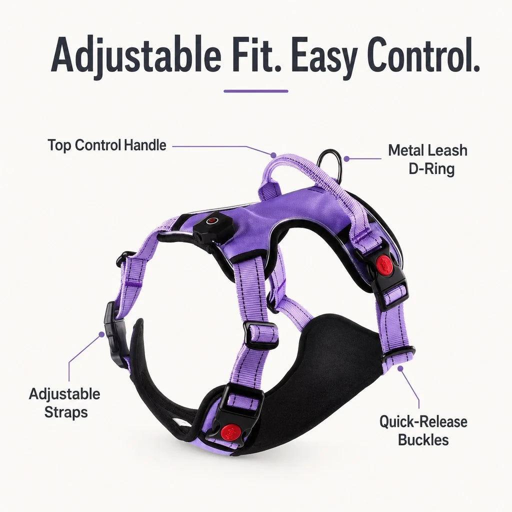 Rechargeable LED Dog Harness for Night Walks - Back-Panel Glow & Reflective Webbing for Better Low-Light Visibility