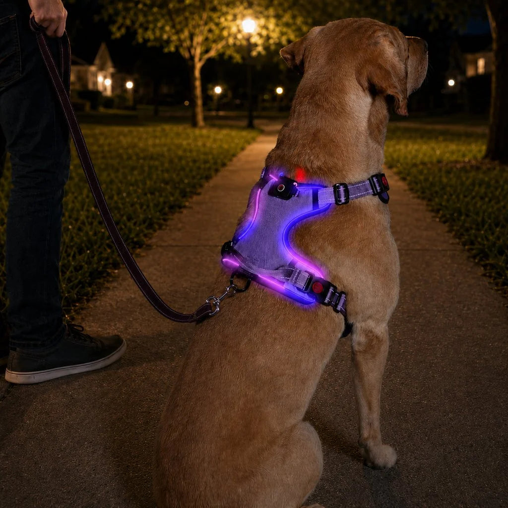 Rechargeable LED Dog Harness for Night Walks - Back-Panel Glow & Reflective Webbing for Better Low-Light Visibility