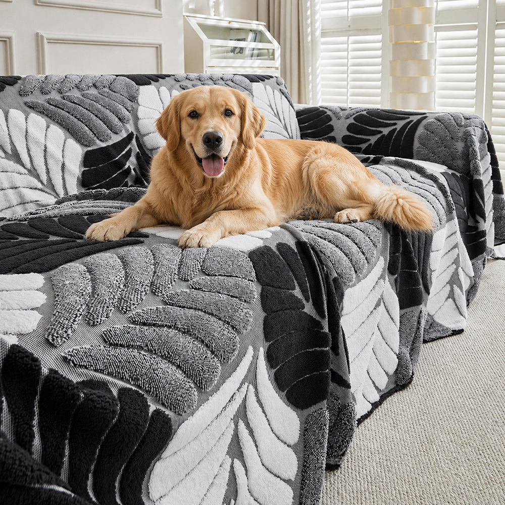 Plush Couch Cover for Dogs – Washable Leaf Pattern Sofa Throw & Furniture Protector