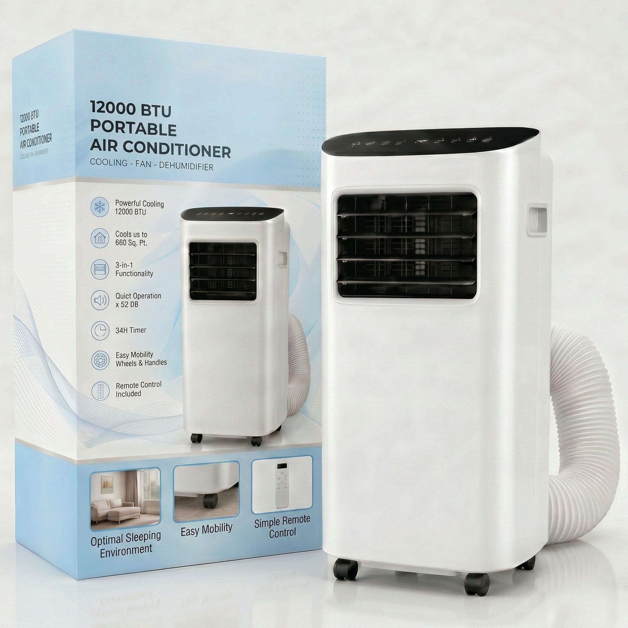 Portable Air Conditioner 12000 BTU| 3-in-1 Air Conditioner, Fan & Dehumidifier | Quiet AC Unit for Rooms up to 51m²