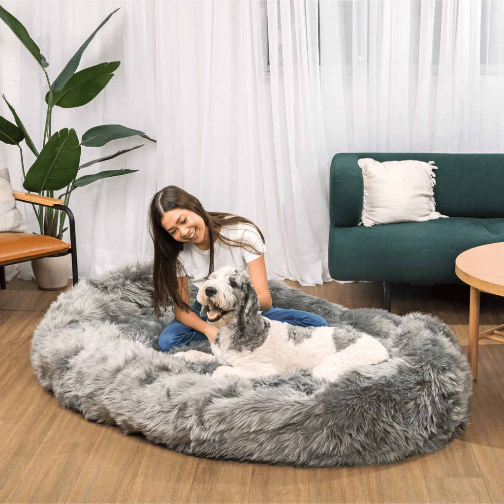 Human-Size Faux Fur Memory Foam Dog Bed - Charcoal Grey