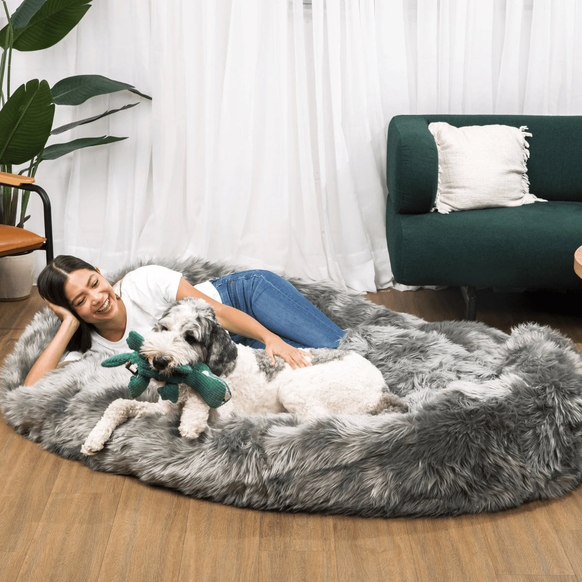 Human-Size Faux Fur Memory Foam Dog Bed - Charcoal Grey