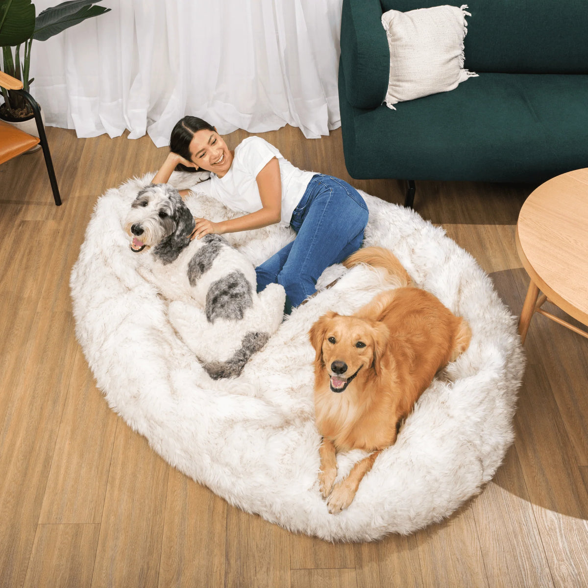 Human-Size Faux Fur Memory Foam Dog Bed - White with Brown Accents