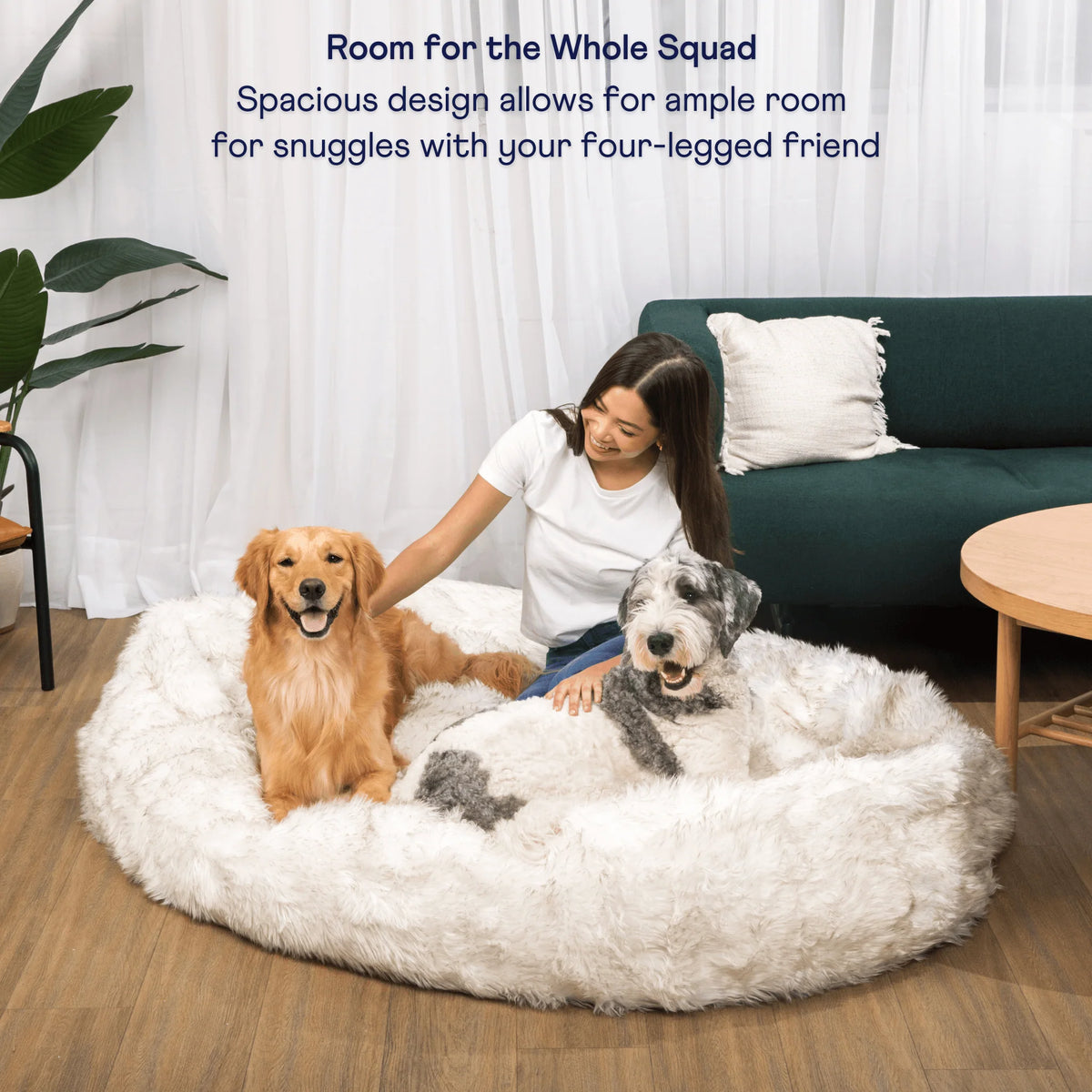 Human-Size Faux Fur Memory Foam Dog Bed - White with Brown Accents