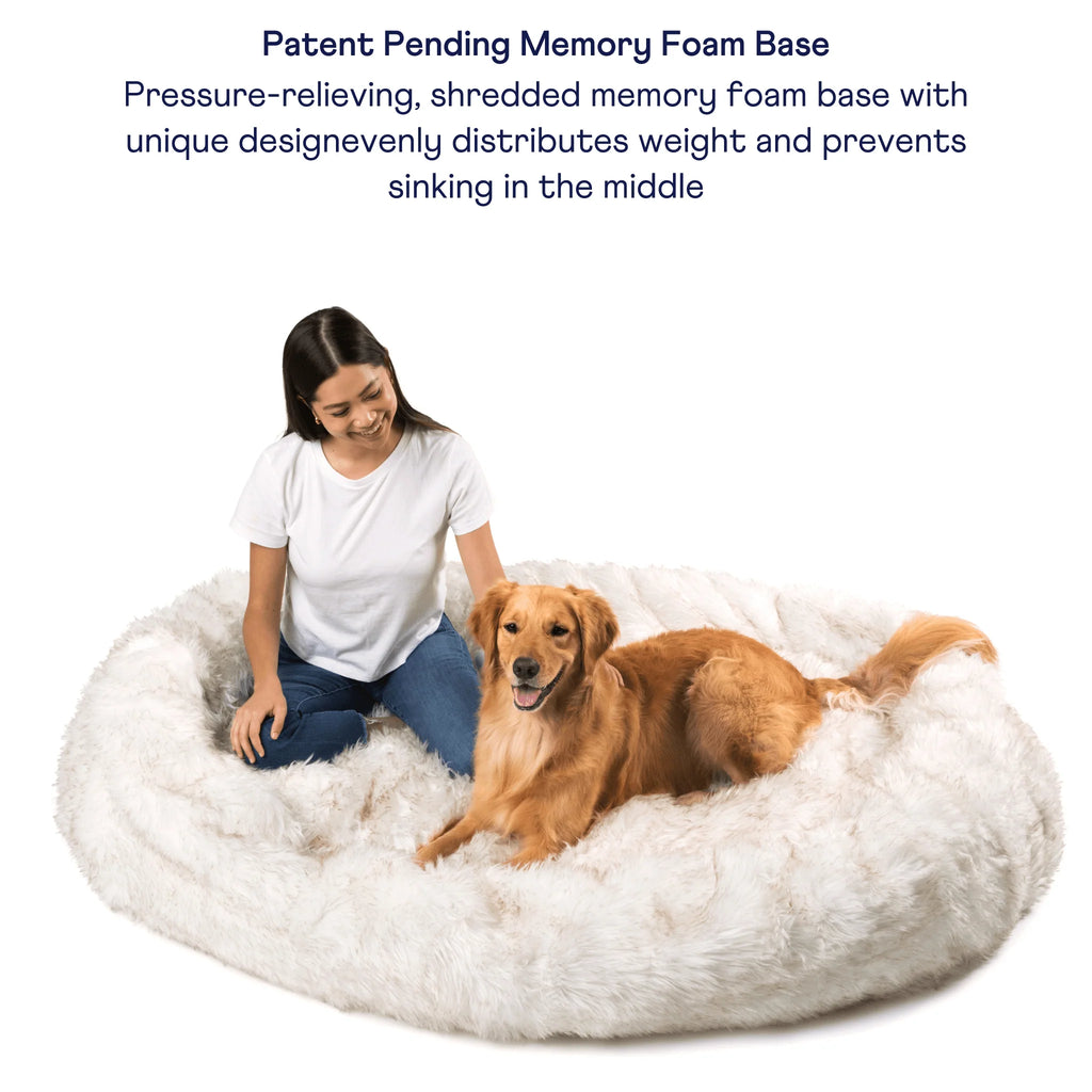 Human-Size Faux Fur Memory Foam Dog Bed - White with Brown Accents