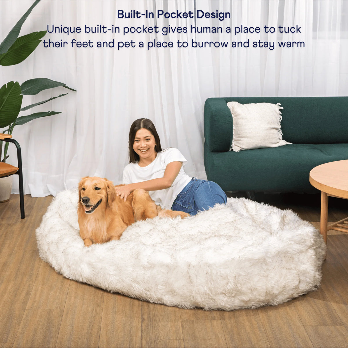 Human-Size Faux Fur Memory Foam Dog Bed - White with Brown Accents