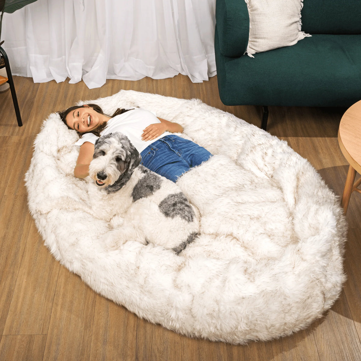Human-Size Faux Fur Memory Foam Dog Bed - White with Brown Accents