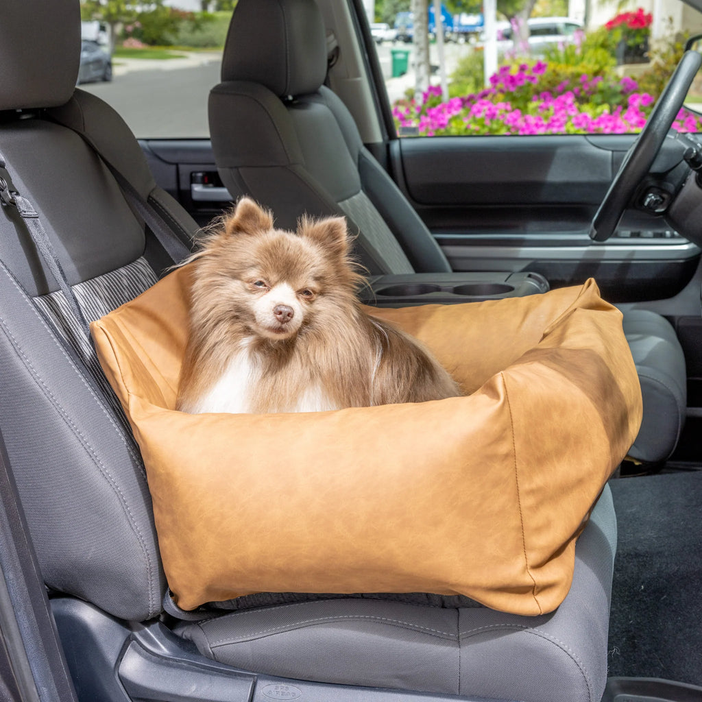 Faux Cool-to-Touch Vegan Leather Memory Foam Dog Car Bed - Camel