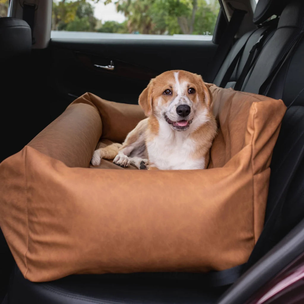 Faux Cool-to-Touch Vegan Leather Memory Foam Dog Car Bed - Camel