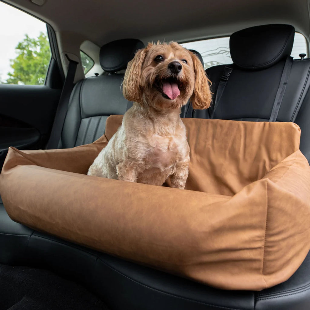 Faux Cool-to-Touch Vegan Leather Memory Foam Dog Car Bed - Camel