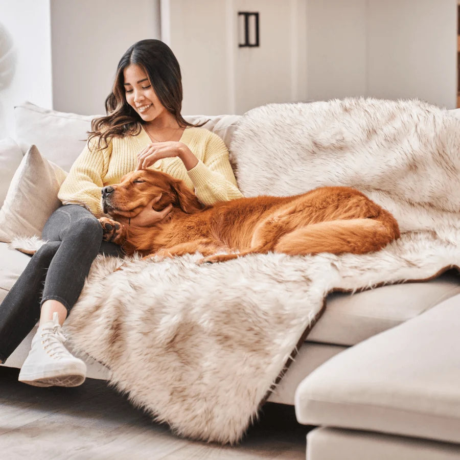 Waterproof Throw Blanket - White with Brown Accents