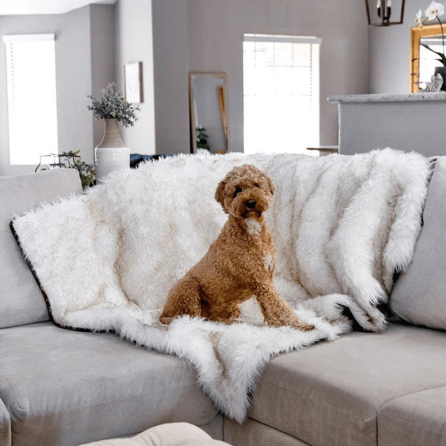 Waterproof Throw Blanket - White with Brown Accents