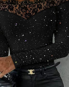 Women's Off-Shoulder Lace Trim Top, Long Sleeves, Glitter Detail
