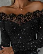Women's Off-Shoulder Lace Trim Top, Long Sleeves, Glitter Detail