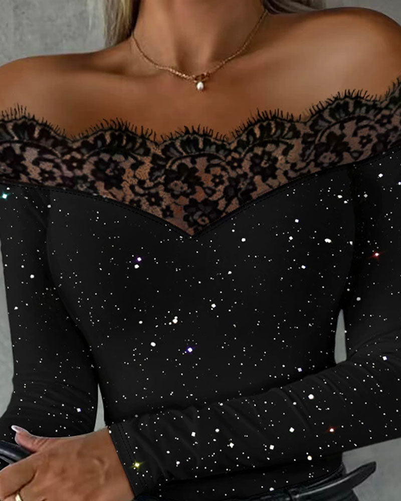 Women's Off-Shoulder Lace Trim Top, Long Sleeves, Glitter Detail